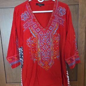 Women's Red  Boho Top with Embroidered Design